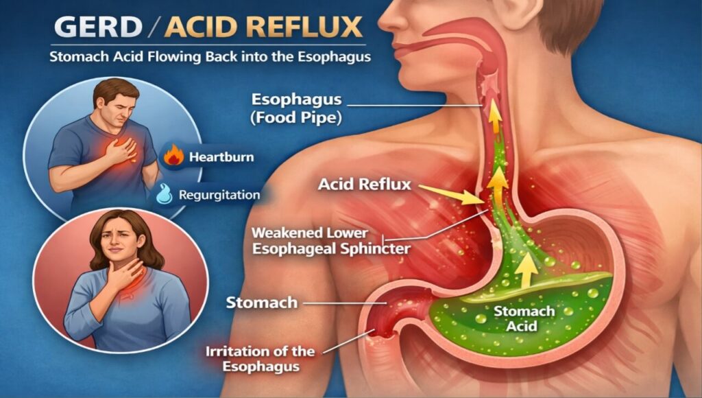 Reverse Gas Se Chutkara: Kya Aapka Khana Ulta Chal Raha Hai? Acid Reflux Ka Scientific aur Desi Ilaaj Diagram showing GERD or acid reflux where stomach acid flows back into the food pipe.