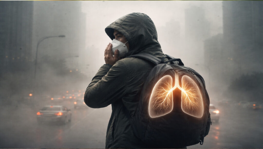 Air Pollution Alert: Protect Your Lungs Today (Guide 2026) A person protecting their lungs from urban air pollution in a foggy city.