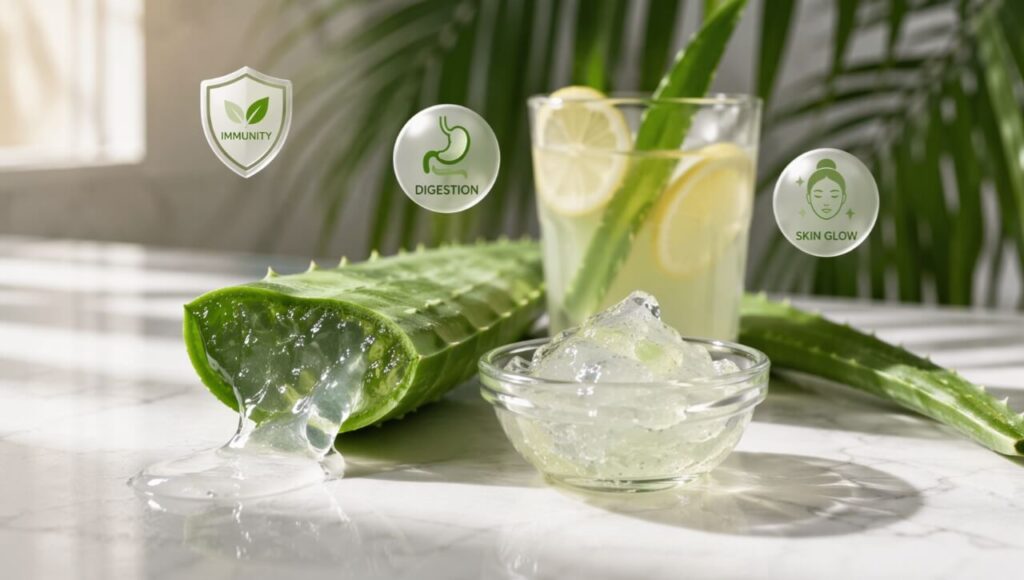 Aloe Vera Ke 10 Powerful Benefits: Science Se Samjhein Is "Miracle Plant" Ka Raaz (2026 Guide) Fresh Aloe Vera leaf with gel and juice on a marble table showing health benefits icons.