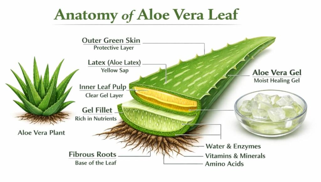 Aloe vera ki patti ka cross-section jisme andar ka gel aur latex layer dikhayi gayi hai.
​Title: Anatomy of Aloe Vera Leaf