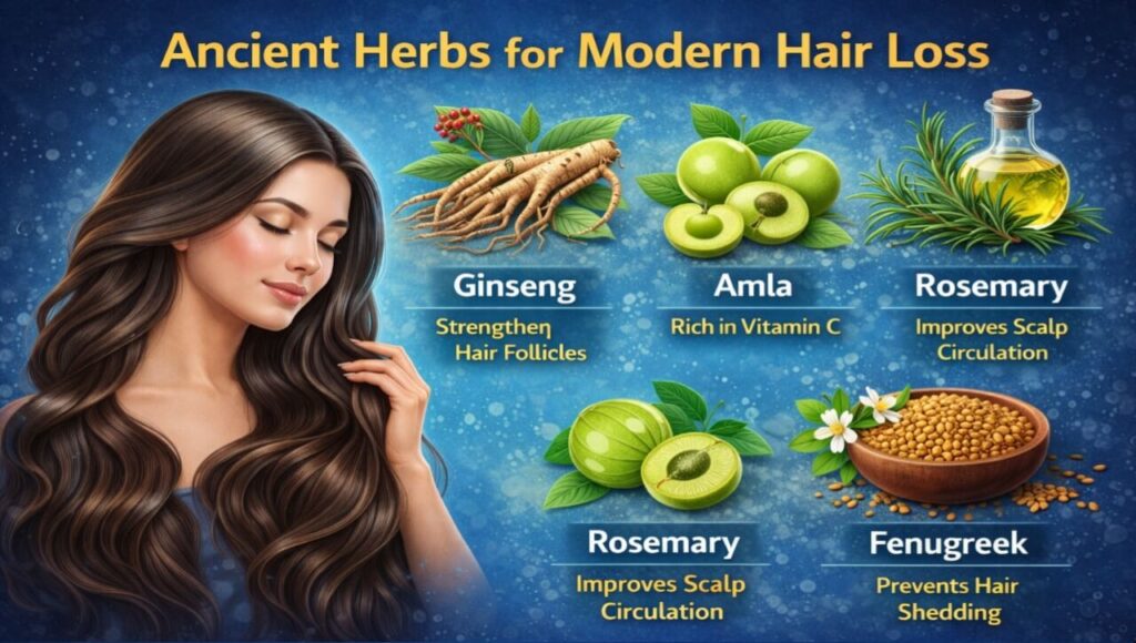 Bhringraj aur Brahmi jaisi ayurvedic jadi-bootiyan jo baalon ko lamba aur ghana banati hain