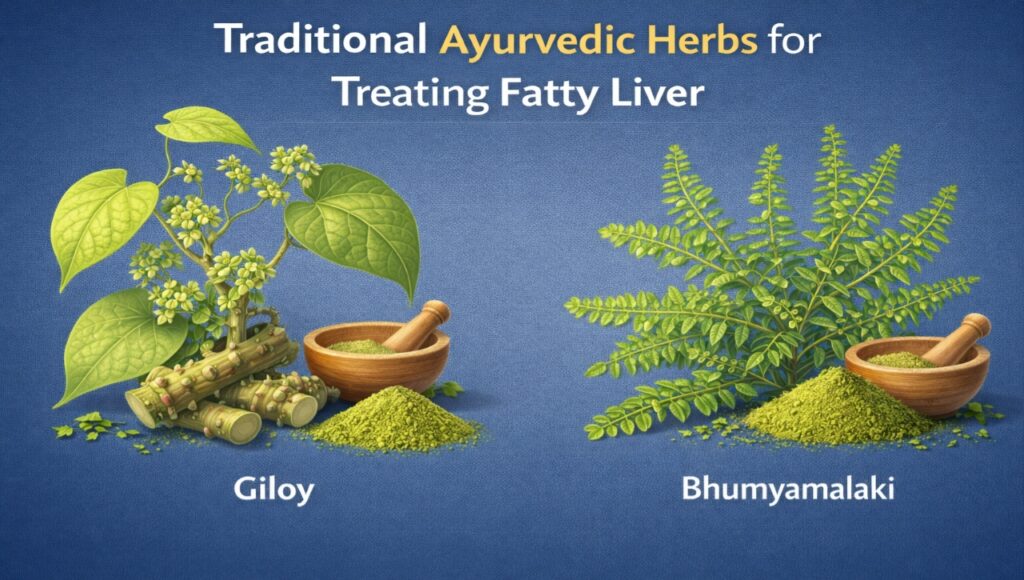 Traditional Ayurvedic herbs like Giloy and Bhumyamalaki used for treating fatty liver.
