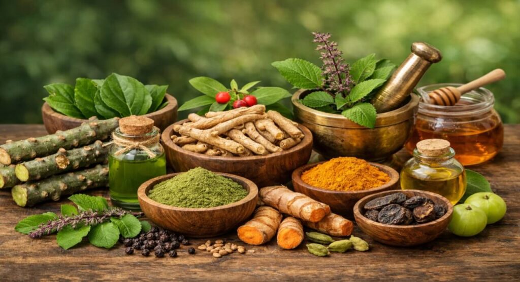 A collection of traditional Ayurvedic immunity-boosting herbs like Giloy and Ashwagandha with scientific backing.