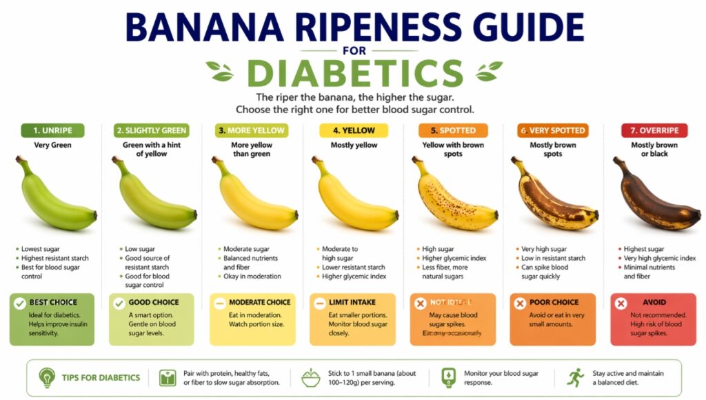 Pake huye aur kacche kele ke glycemic index mein antar sugar control ke liye.