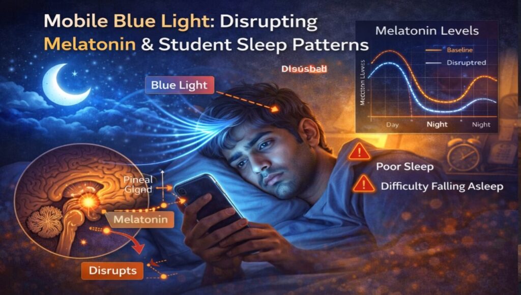 Student Mental Health: Stress Se Kaise Nikle? (guide 2026) Diagram showing how mobile blue light disrupts melatonin and student sleep patterns.