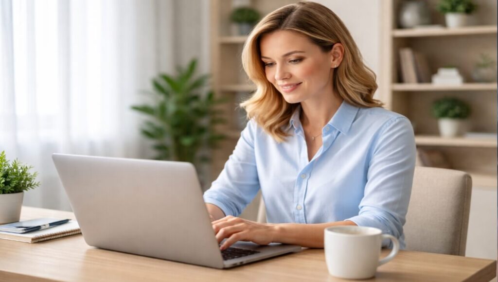 Computer Vision Syndrome (CVS) kya he? Aankhon Ki Thakan Aur Jalan Ka Scientific Ilaaj (2026 Guide) Ek professional mahila sahi posture mein computer par kaam kar rahi hai, saath mein 20-20-20 rule ka poster laga hai.