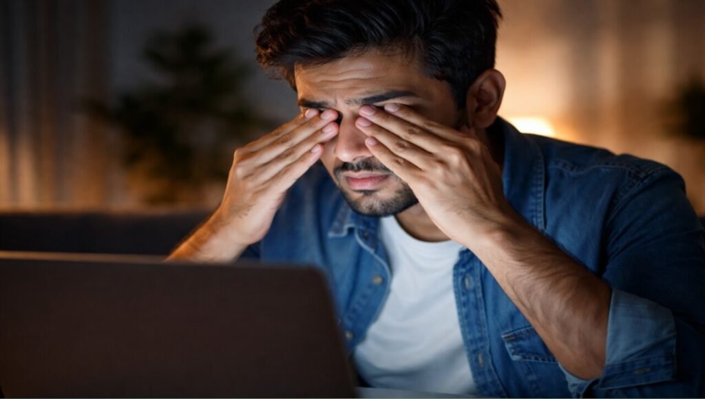 Computer Vision Syndrome (CVS) kya he? Aankhon Ki Thakan Aur Jalan Ka Scientific Ilaaj (2026 Guide) A person rubbing eyes in front of a laptop screen showing symptoms of CVS.
