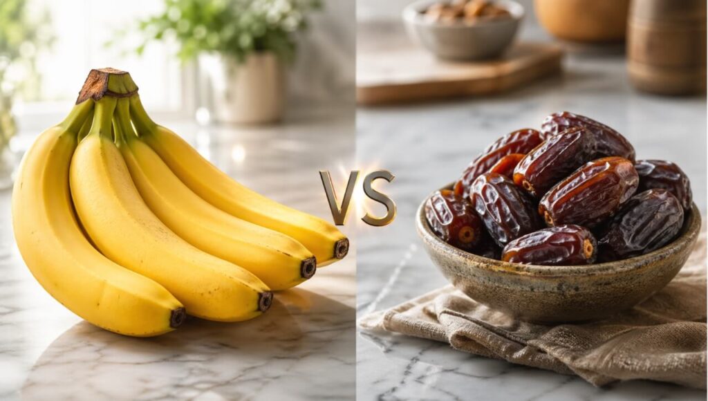Dates vs Banana comparison for fitness, muscle gain, and blood sugar control.