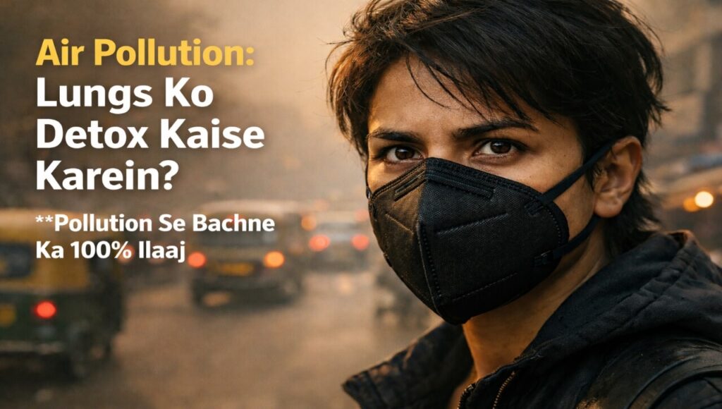 Scientific 3D illustration of human lungs being protected from urban air pollution and PM 2.5 particles.