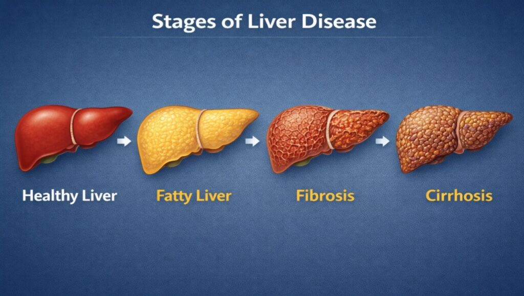 Illustration showing the progression from a healthy liver to fatty liver, fibrosis, and finally cirrhosis.