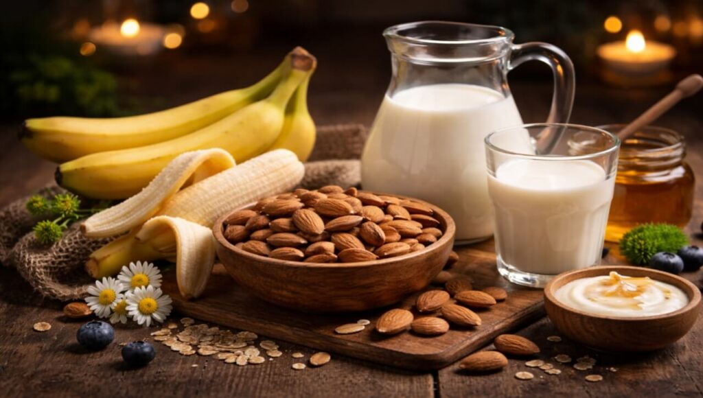 Foods like bananas, almonds, and milk that boost melatonin and improve sleep quality.