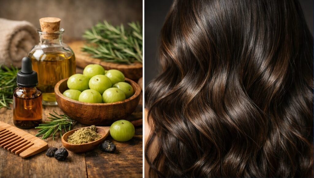 Hair Fall Rokne Ke 7 Proven Tarike – Natural Aur Effective (guide 2026) Ek ladka aur ladki apne ghane baalon ke saath, saath mein rosemary oil aur wooden comb dikhaya gaya hai jo hair fall rokne mein madad karte hain.