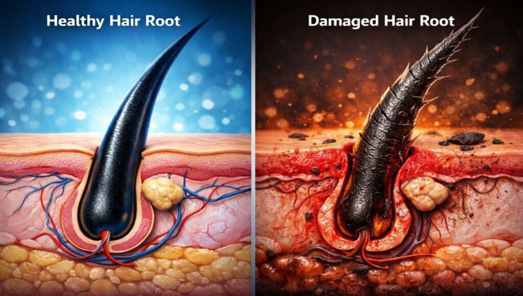 Swasth aur kamzor baalon ki jadd ke beech ka antar.