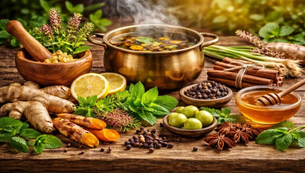 Fresh natural ingredients for making an authentic Ayurvedic immunity-boosting kadha.