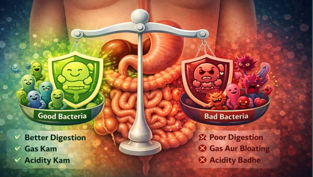 Dahi Se Gas Aur Acidity Kaise Door Karein? (Scientific Guide 2026) Human gut microbiome showing the balance between good and bad bacteria for healthy digestion.
