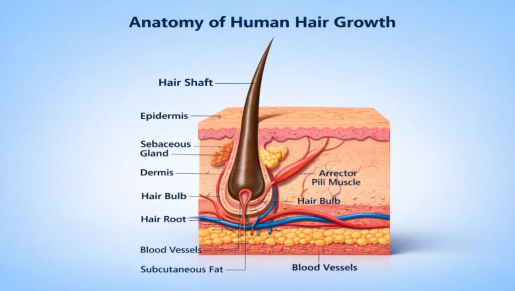 Insaani baal ki jadd aur scalp ki anatomy jo hair growth cycle dikhati hai.