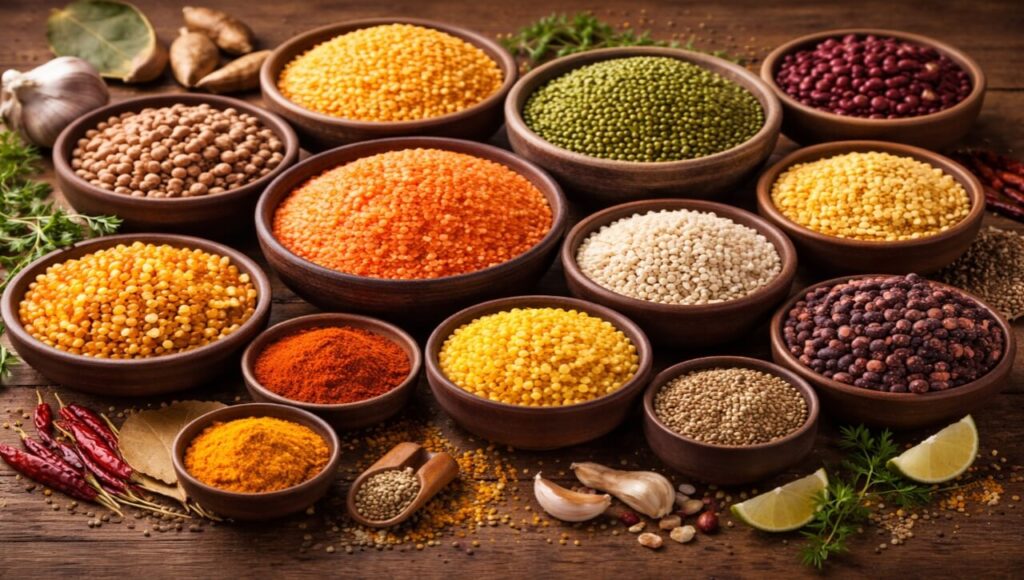 Uric Acid Kaise Kam Karein? Joints Pain Se Chutkara Pane Ka 30 Din Ka Complete Guide (2026) Variety of Indian dals like Moong, Arhar, and Urad for dietary analysis.