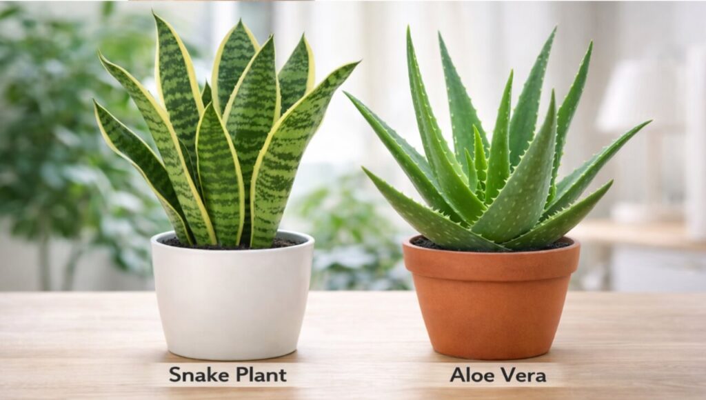 Air Pollution Alert: Protect Your Lungs Today (Guide 2026) Common indoor plants like Snake Plant and Aloe Vera that purify home air.