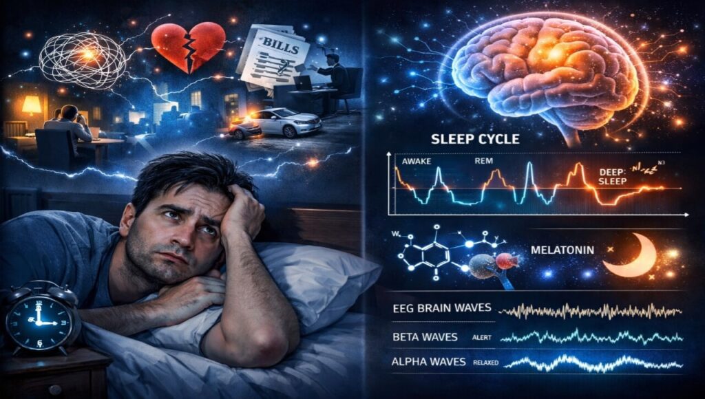 Ek vyakti jo raat ko so nahi pa raha aur uske dimaag mein chalne wale thoughts aur sleep cycle ka scientific view.