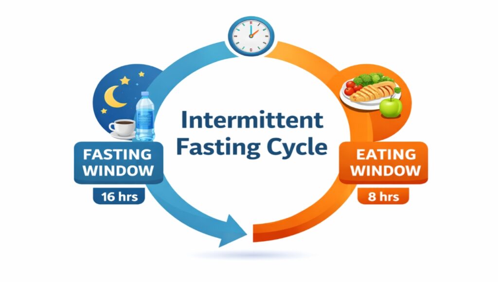 Weight Loss Without Gym:Science + Desi Formula (2026 Updated) 16 ghante fasting aur 8 ghante khane ka sahi samay jo weight loss mein madad karta hai.