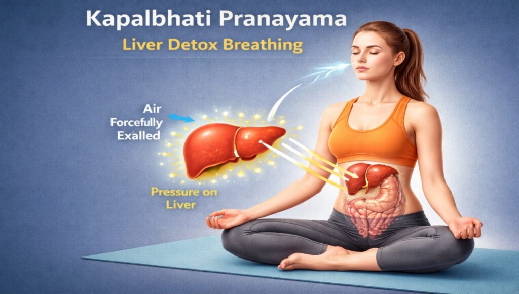 A person performing Kapalbhati Pranayama, illustrating the internal pressure on the liver for detoxification.