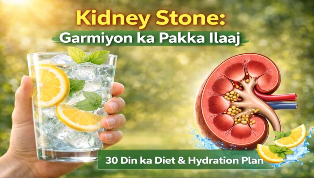 A healthy person drinking lemon water in summer to prevent kidney stones with a medical kidney illustration in the background.