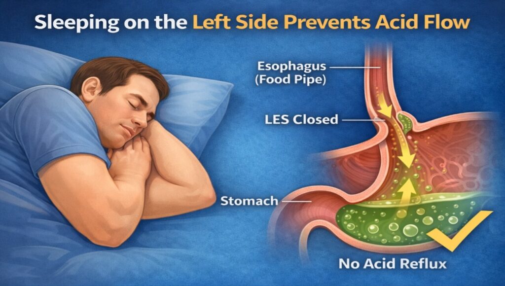 Reverse Gas Se Chutkara: Kya Aapka Khana Ulta Chal Raha Hai? Acid Reflux Ka Scientific aur Desi Ilaaj Diagram showing how sleeping on the left side prevents stomach acid from flowing into the esophagus.