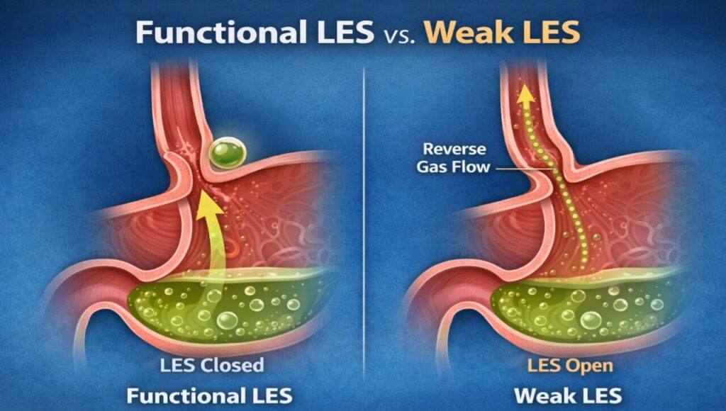 Reverse Gas Se Chutkara: Kya Aapka Khana Ulta Chal Raha Hai? Acid Reflux Ka Scientific aur Desi Ilaaj Comparison of a functional LES vs a weak LES causing reverse gas flow.