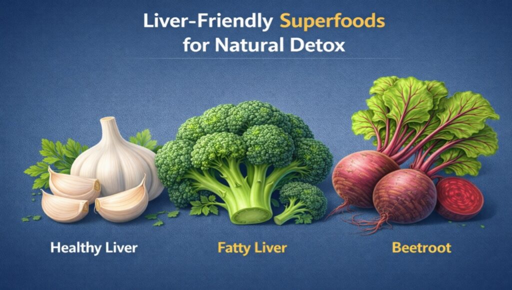 A collection of liver-friendly superfoods including garlic, broccoli, and beetroot for natural detox