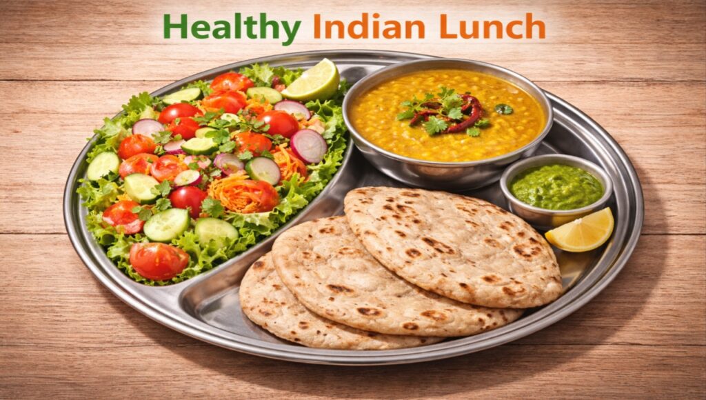 A healthy Indian lunch featuring Jowar roti, a bowl of dal, and 50 percent fresh salad.