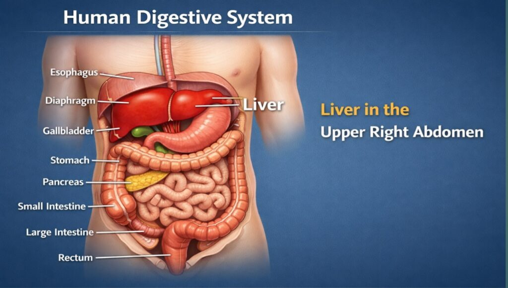 Anatomy of human digestive system highlighting the liver