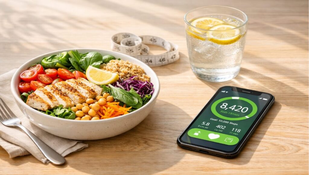 Weight Loss Without Gym:Science + Desi Formula (2026 Updated) Ek healthy protein salad bowl, lemon water, aur mobile app par 10,000 steps ka goal jo bina gym wazan kam karne ka tarika dikhata hai.