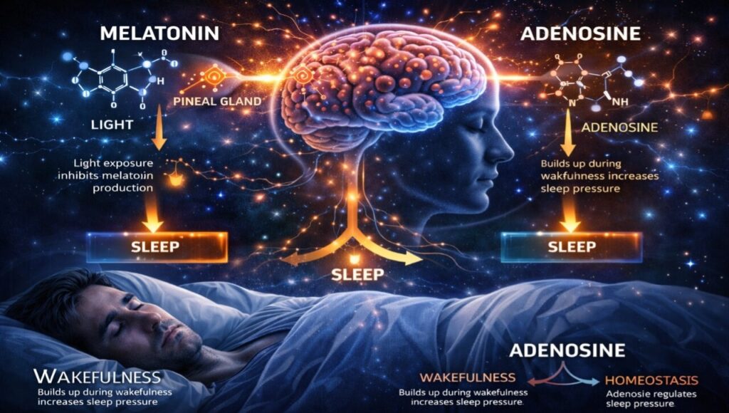 Scientific diagram showing how Melatonin and Adenosine chemicals regulate sleep in the human body.