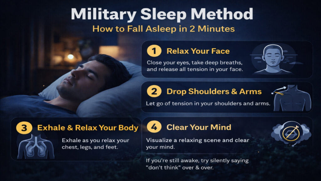 Step-by-step guide to the Military Sleep Method for falling asleep in 2 minutes