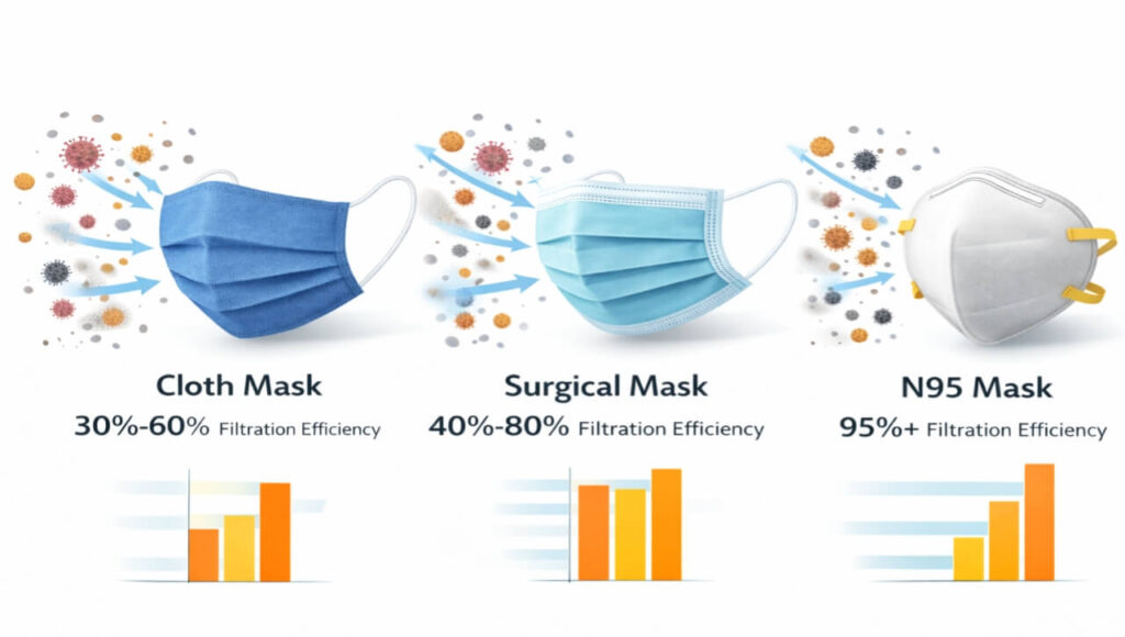 Air Pollution Alert: Protect Your Lungs Today (Guide 2026) Comparison of air filtration efficiency between cloth, surgical, and N95 masks.