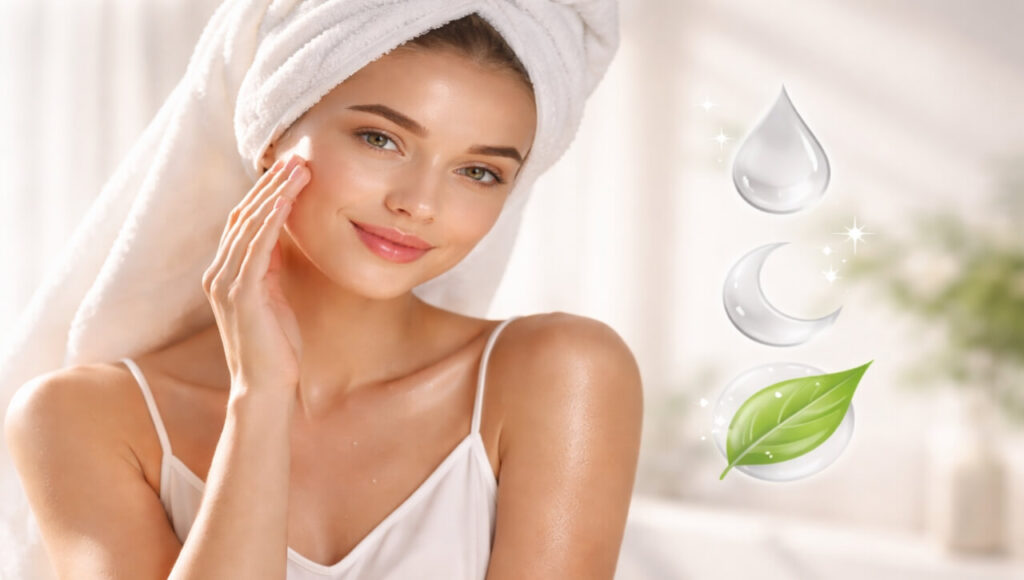 Ek ladki ka chamakdar chehra (glass skin) jo natural sunlight mein dikh raha hai, saath mein healthy lifestyle ke symbols.