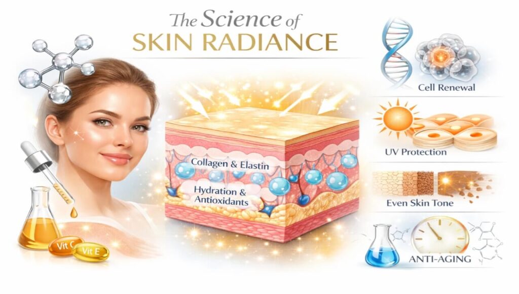 Insaan ki twacha (skin) ki paratein aur collagen jo glow ke liye zimmedar hota hai