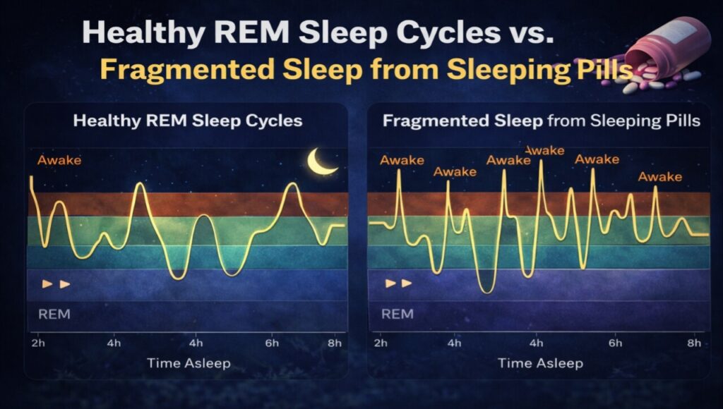 Comparison graph showing healthy REM sleep cycles vs fragmented sleep caused by sleeping pills.