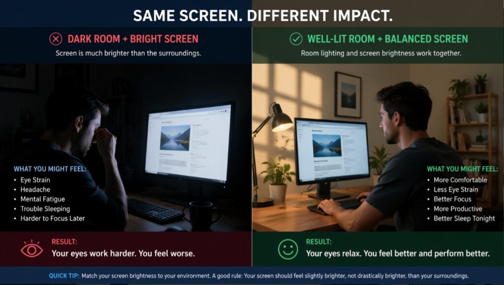 Computer Vision Syndrome (CVS) kya he? Aankhon Ki Thakan Aur Jalan Ka Scientific Ilaaj (2026 Guide) Sahi aur galat lighting setup: computer chalate waqt kamre mein roshni ka mahatva.