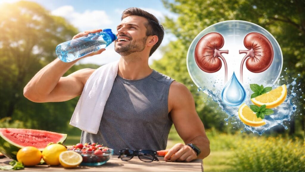 A person staying hydrated in summer to prevent kidney stone formation.