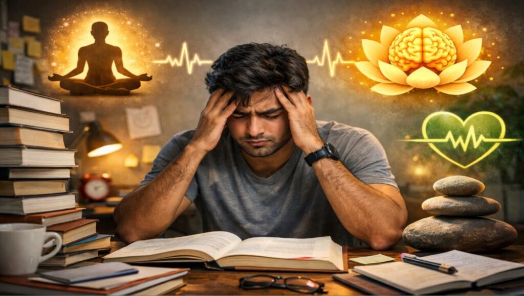 Student Mental Health: Stress Se Kaise Nikle? (guide 2026) A stressed student surrounded by books with a focus on mental well-being and balance.
