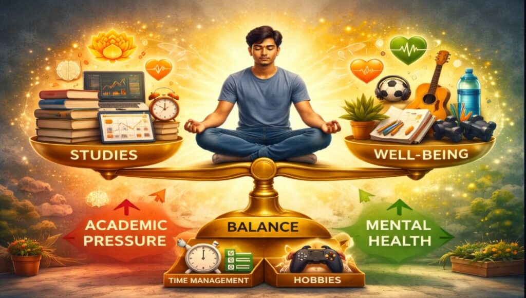 Student Mental Health: Stress Se Kaise Nikle? (guide 2026) A visual representation of balancing academic pressure with mental well-being and hobbies.