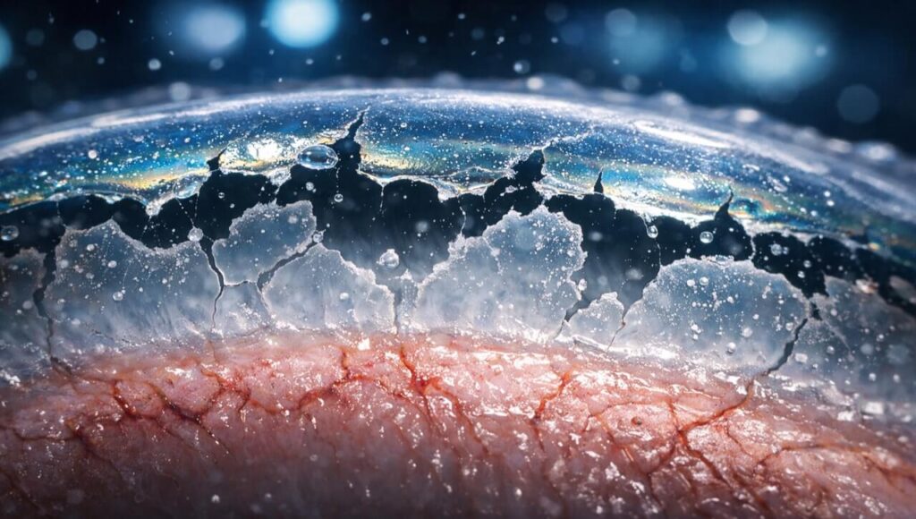 Computer Vision Syndrome (CVS) kya he? Aankhon Ki Thakan Aur Jalan Ka Scientific Ilaaj (2026 Guide) Screen dekhte waqt aankhon ki nami kaise khatam hoti hai uska microscopic view.