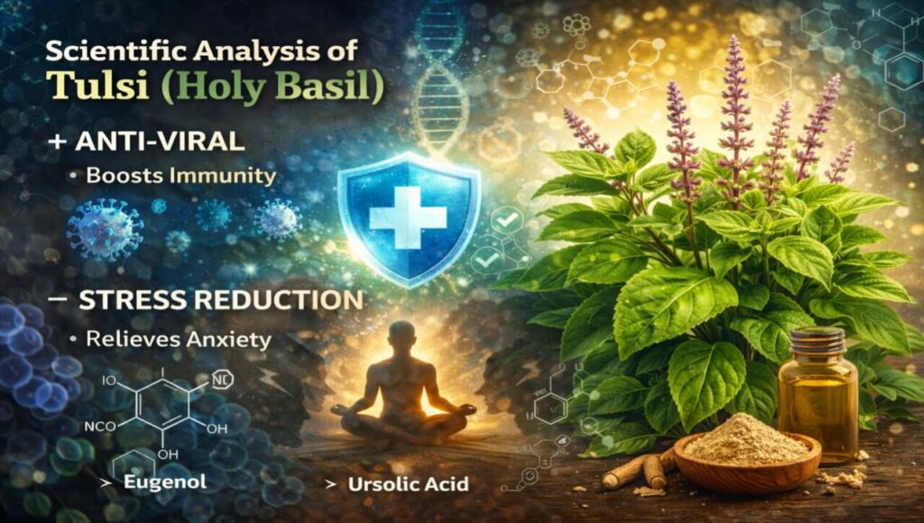 Scientific analysis of Tulsi (Holy Basil) showing its anti-viral and stress-reducing properties.