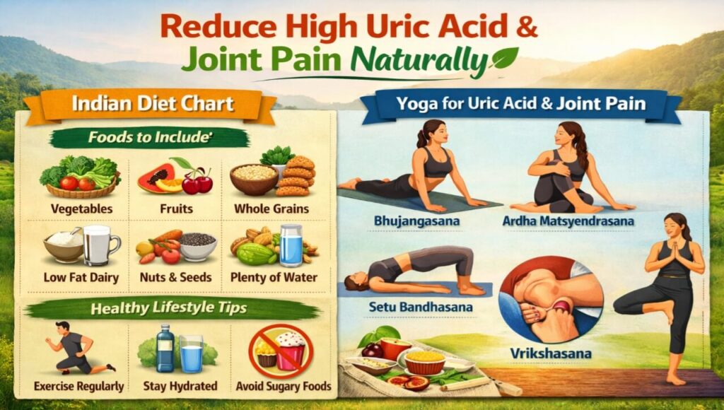 Indian diet chart and yoga exercises to reduce high uric acid levels and joint pain naturally.