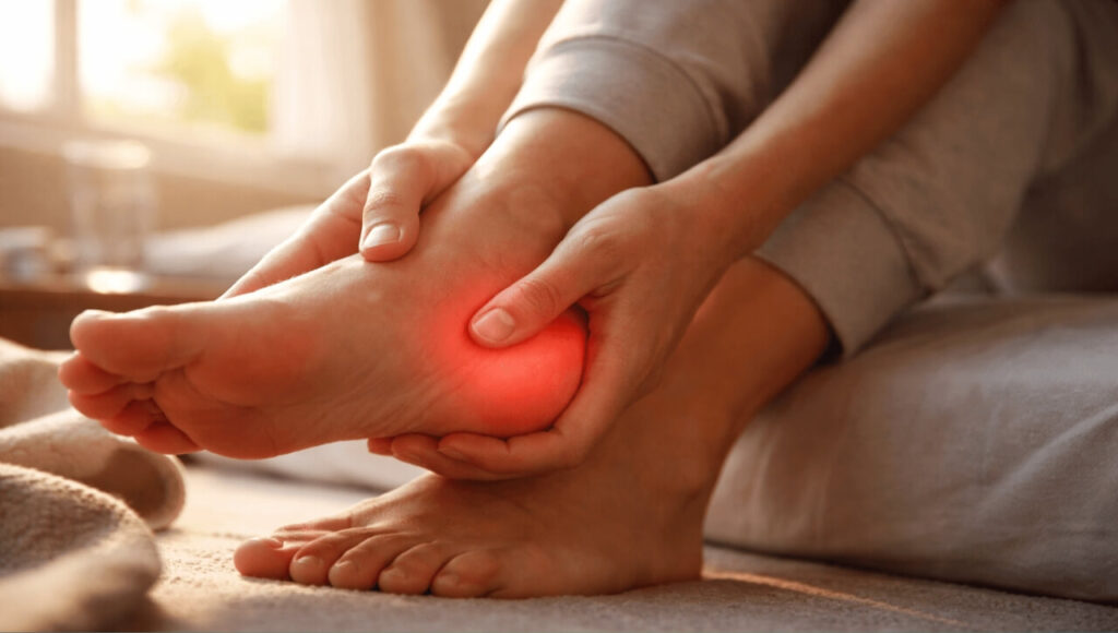 Uric Acid Kaise Kam Karein? Joints Pain Se Chutkara Pane Ka 30 Din Ka Complete Guide (2026) A person experiencing sharp joint pain in the heel due to high uric acid levels.