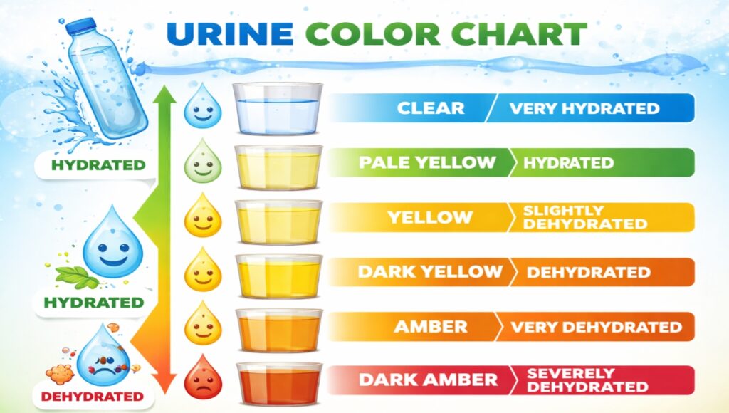  A chart showing urine colors from clear to dark yellow to indicate hydration levels.
