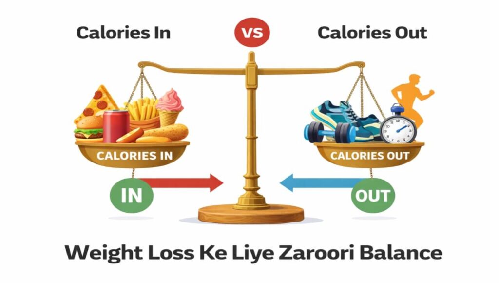 Weight Loss Without Gym:Science + Desi Formula (2026 Updated) Calories in aur calories out ka balance jo weight loss ke liye zaroori hai.