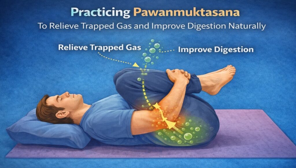 Reverse Gas Se Chutkara: Kya Aapka Khana Ulta Chal Raha Hai? Acid Reflux Ka Scientific aur Desi Ilaaj Practicing Pawanmuktasana to relieve trapped gas and improve digestion naturally