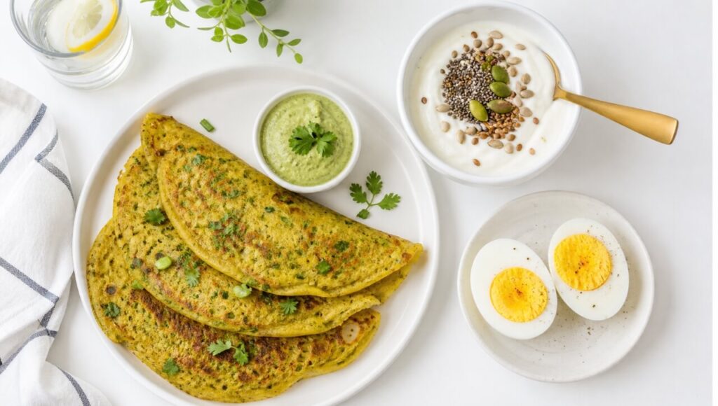 9 high protein breakfast options for weight loss including eggs, paneer, and sprouts.